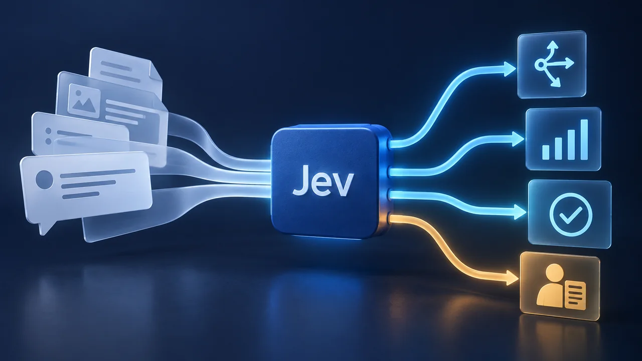 הודעות ומסמכים נכנסים למודול Jev כחול, שמתפצל לבחירה, ציון, החלטה בינארית ובדיקה אנושית